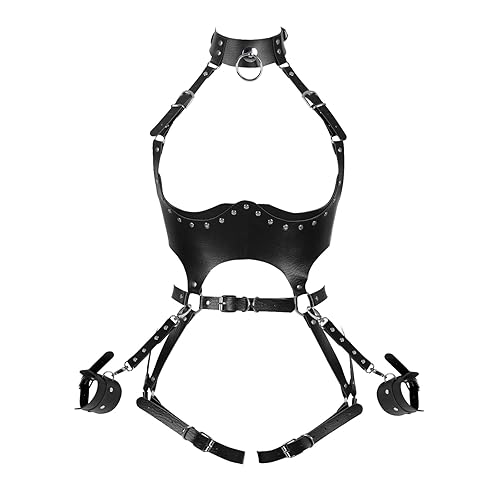 Waist Garter belt Punk Full body harness for women Photography Dance Rock Halloween Leather cage Chest strap set - Black