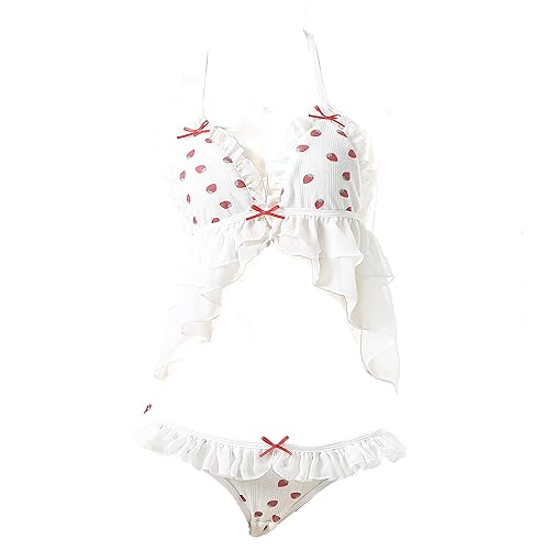 JasmyGirls Anime Lingerie Kawaii Bikini Japanese Cosplay Outfit Strawberry Pajamas Set Lolita Babydoll Chemise Bow Bra and Panty
