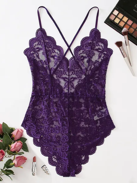 Plus Floral Scalloped Lace Teddy Bodysuit