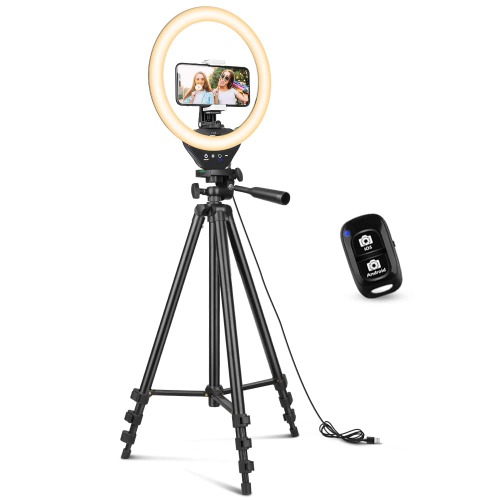 Sensyne 10'' Ring Light with 50'' Extendable Tripod Stand, LED Circle Lights with Phone Holder for Live Stream/Makeup/YouTube Video/TikTok, Compatible with All Phones(Black)
