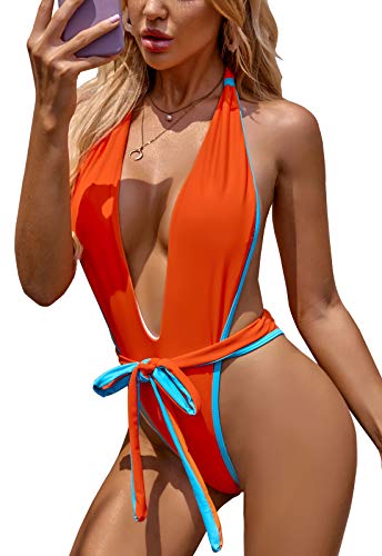 ALLureLove Swimsuits Bathing Suits Womens Sexy Monokini Deep V One Piece Semi Thong Bikini Backless Cheeky Swimwear - Orange - Small