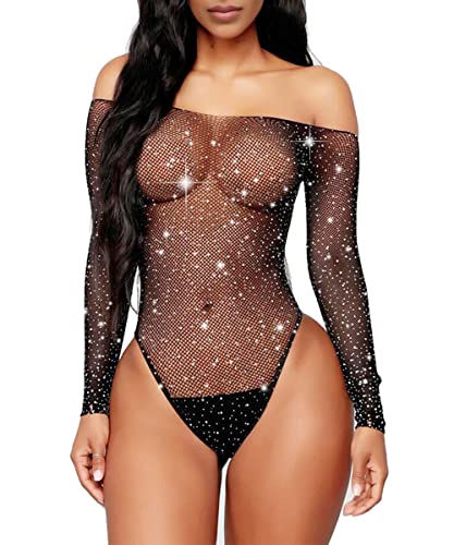 Abberrki Women Sexy Mesh Bodysuit Fishnet Sparkle Rhinestone Teddy Lingerie Halloween Rave Sheer Outfit - Black