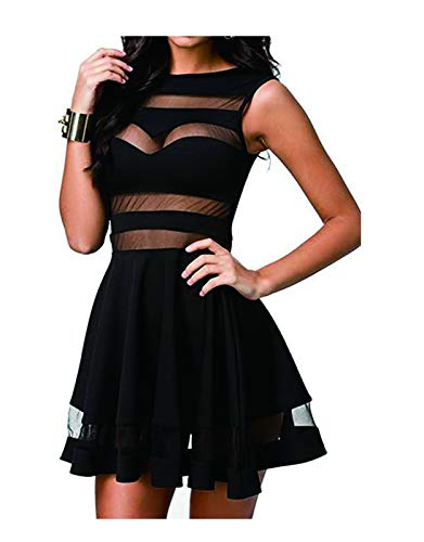 Zeagoo Sexy Mini Skater Dress Mesh See Through Party Club Little Black Dress - Small - Black