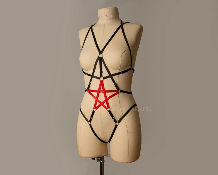 The Maurice playsuit harness / elastic crotchless bodysuit / strappy lingerie / ouvert bodice / fetish underwear / red star harness / caged