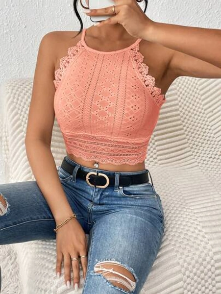 SHEIN Frenchy Guipure Lace Trim Crop Halter Textured Fabric Going Out Tops Bodycon Black Top