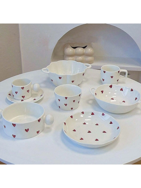 1pc Red Heart-Shaped Tableware: Bowl/Plate/Cup Suitable For Daily Use And Ins Popular Couple Choice School Supplies,Back To School