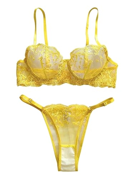 Lilosy Sexy Floral Embroidered Mesh Women Underwire Push Up Lingerie Set