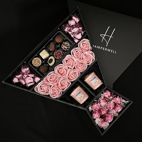 Lindt Lindor & Yankee Scented Votive Candle Signature Chocolate Hamper with Pink Roses in a Luxury Presentation Box
