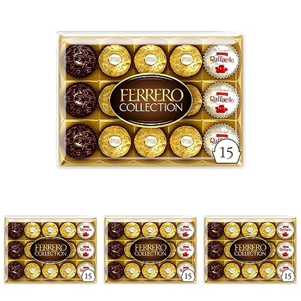 Ferrero Collection Pralines, Chocolate Gift Box, Treat Box, Assorted Rocher, Coconut Raffaello and Dark Chocolate Rondnoir, Box of 15 (172g) (Pack of 4)