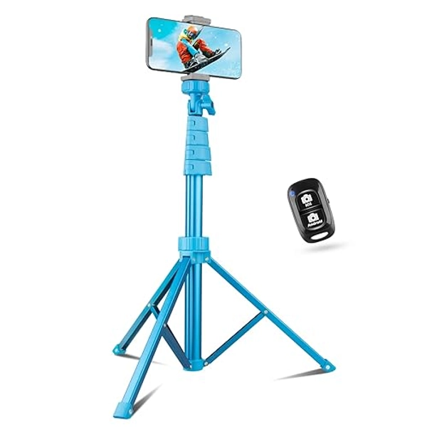 Sensyne 62" Phone Tripod & Selfie Stick, Extendable Cell Phone Tripod Stand with Wireless Remote and Phone Holder, Compatible with iPhone Android Phone, Camera (Blue)