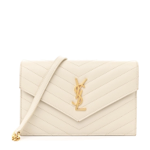 SAINT LAURENT Grain De Poudre Matelasse Chevron Monogram Envelope Chain Wallet Crema Soft | FASHIONPHILE