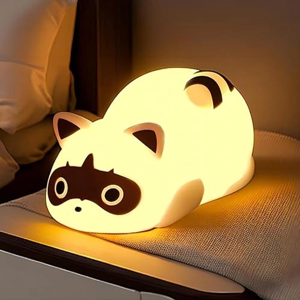 JIMEI Night Light for Kids Raccoon Cute Led Lamp Bedside Lamp Baby Nursery Bedroom Dimmable Rechargable Touch Control Table Desk Lamp Cool Stuff Fun Kawaii Room Decor Aesthetic Novelty Accessories