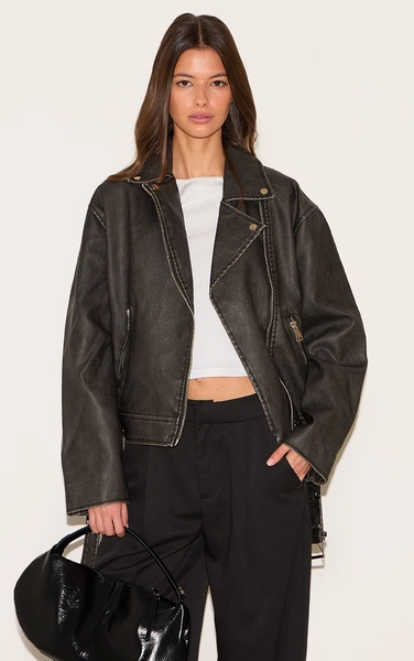 Black Vintage Faux Leather Oversized Zip Up Biker Jacket
