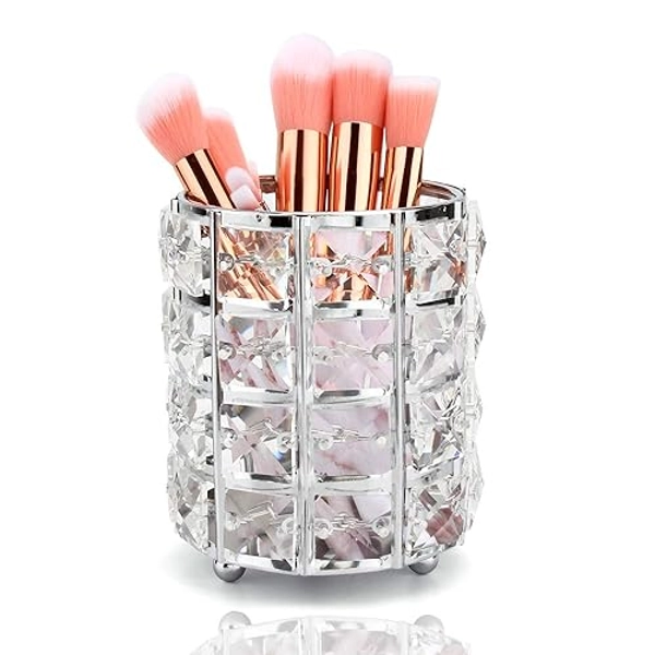 QWEF Porte-Pinceau de Maquillage en Cristal,Rangement en Cristal Pot à Crayons Porte-Stylo Rangement de Outils Maquillage Brosse Titulaire Forme Ronde (Argent)