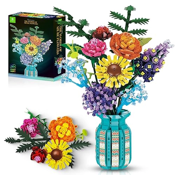 ZONECYTD Flowers Bouquet Toys Building Blocks Set with Vase, Roses, Sunflower, Hyacinth, Hydrangea, Artificial Plants for Adults, Teen Girls, Home, Office Decor- 1853pcs