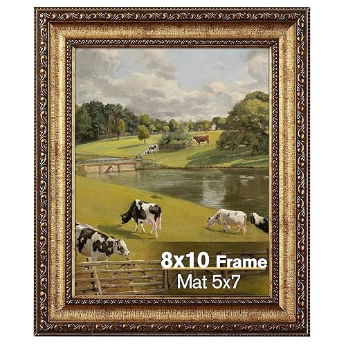 Splinterix 8x10 Gold Picture Frame, Ornate Vintage Picture Frames for Wall or Tabletop Display, 8x10 Photo Frame Gold with Real Glass, Display Poster 5x7 with Mat or 8x10 without Mat for Antique Déco - 8x10
