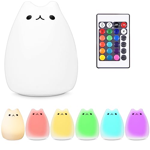 Navaris LED Nachtlicht Katze Design - Fernbedienung Micro USB Kabel - Süße RGB Farbwechsel Kinder Nachttischlampe - Kätzchen Schlummerlicht Weiß - Katze - Weiß