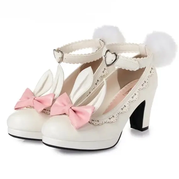 Kawaii Bunny Rabbit Ear High Heels with Removable Pom Poms