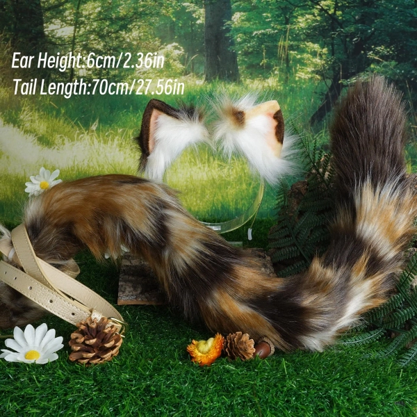 Tricolor Calico Cat Faux Fur Ears and Tail Set-cat ears,cat tail,kitty ear,kitty tail,Fur Cosplay Prop,wood background - kemonomimi