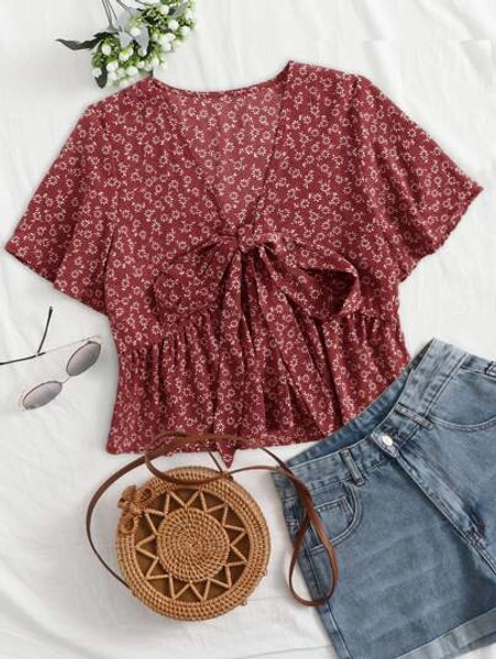 SHEIN Holidaya Ditsy Floral Tie Front Peplum Blouse For New Year Clothes Peplum Top