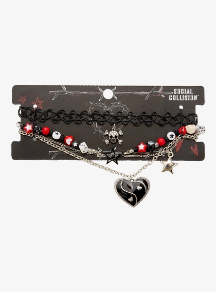 Social Collision Black & Red Skull Heart Emo Necklace Set