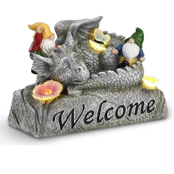 Garden Gnome Statue,Sleeping Dragon Garden Statue with Solar Light,Garden gnome Sleeping Dragon Decor,Funny Sleeping Dragon Statue for Patio,Lawn ,Yard Art Decoration , Housewarming Garden Gift