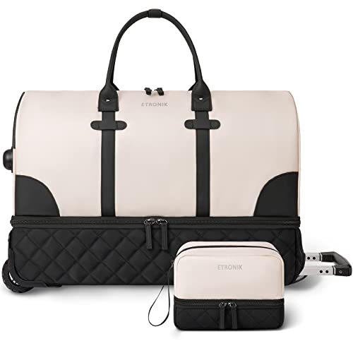 ETRONIK Rolling Duffle Bag with Wheels, 23 Inch Large Carry on Luggage for Women with Shoe Compartment, Duffle Bag for Travel with Toiletry Bag, Beige - Large - Beige