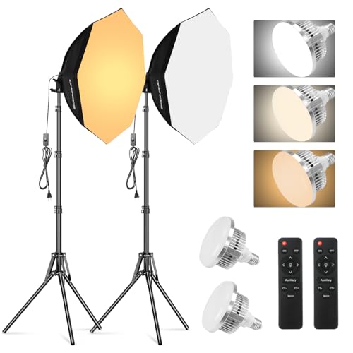 Soonpho Softbox Lighting Kit, Octagon Softbox Photography Lighting Kit with Softbox 22Inch/55cm (2 Pack), 85W 3000-6000K Remote Control LED Lighting Bulds, Studio Lights for Video Recording