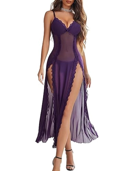 Avidlove Women Lingerie Lace Babydoll Chemise Sexy Mesh Nightdress V Neck Nightwear Side Split Nightgown