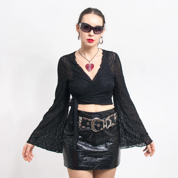 Lace wrap top gothic sheer blouse long sleeve vintage women size L