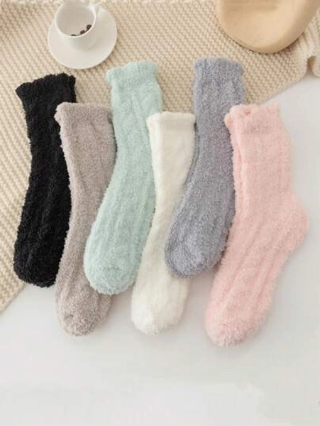 6pairs Solid Fuzzy Fluffy Socks