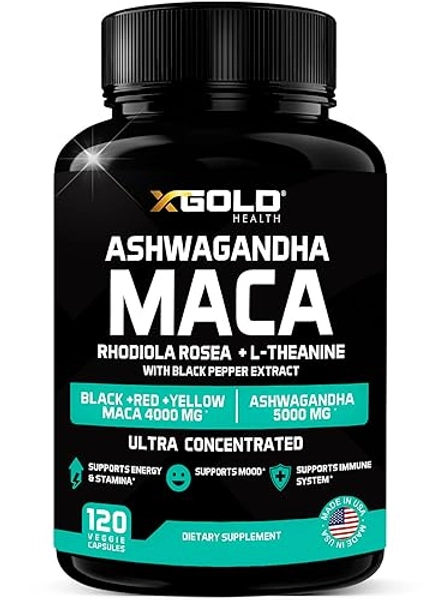 Ashwagandha 5,000mg + Maca Root Black, Red, Yellow 4,000mg, Rhodiola & L-Theanine: 30:1 Extract Ashwagandha Capsules, 20:1 Extract Maca Root Capsules - Supplement for Men and Women