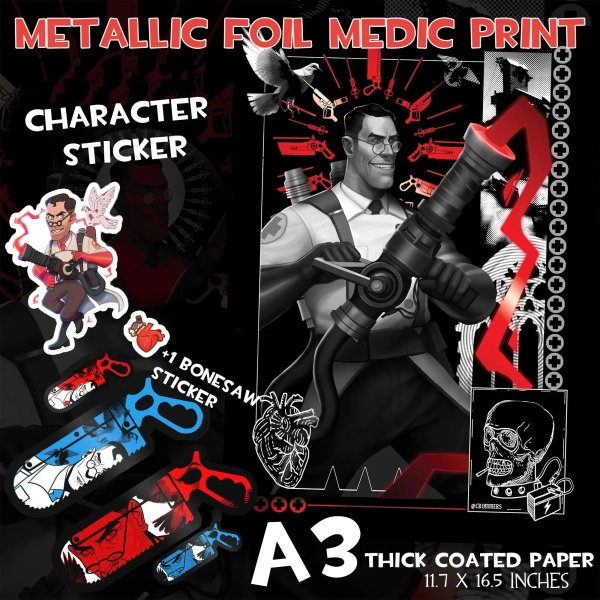 TF2 Medic Metallic Foil A3 Print + Extras
