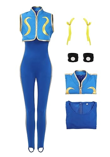 DAZCOS Women's US Size Blue Cheongsam Game Cosplay Halloween Costume Fighter Bodysuit with Bracelet and Hair Ties