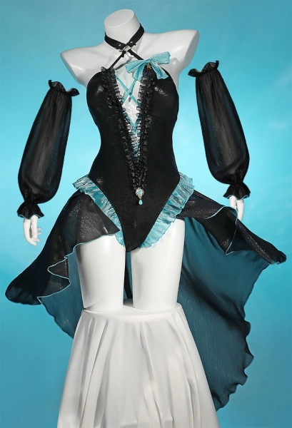 Lynette Derivative Swimsuit Halter Ruffled Deep V Sexy One-Piece Bathing Suit with Sleeves Bowknot
