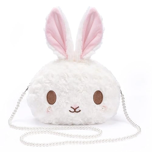 kawaii bunny Crossbody bag,cartoon Plush Rabbit wallets,cute Lolita Handbag for women, Lovely Fluffy animal purse (pearl chain) white