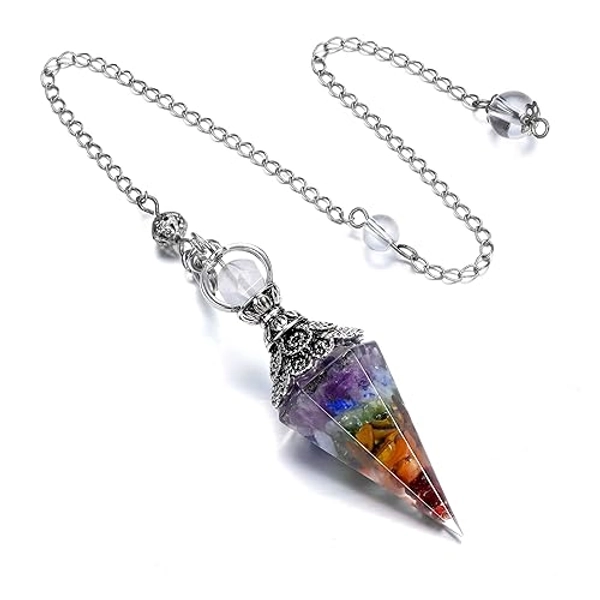 Jovivi Healing Crystal Pendulums for Dowsing Divination 6 Facted Hexagonal Pointed Cone Resin Chip Stones Reiki Wicca Spritual Gemstone Chakra Energy Pendant with Chain