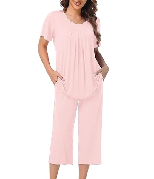 ANLIQI Womens Soft Pajama Sets Short Sleeve Top & 3/4 Pant Sleepwear Comfy Lightweight Rayon Lounge Set with Pocket