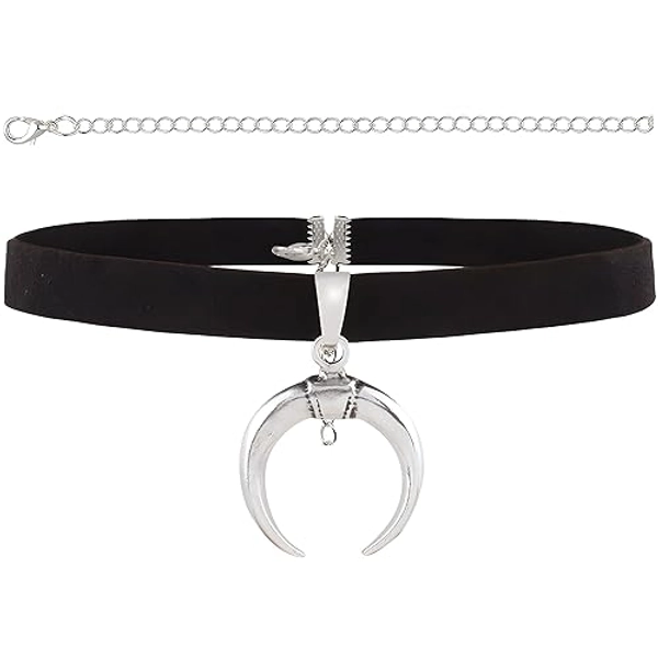 STACKABLE CREATIONS Black Suede Leather Choker Necklace with Silver Crescent Moon Pendant For Women Men