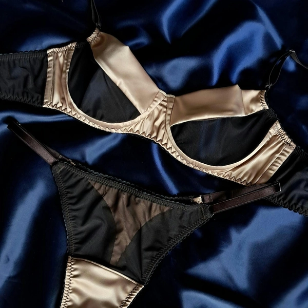 Luxury satin lingerie set, gold and chocolate silk lingerie set, custom made