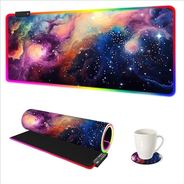 AIMSA RGB Mouse Pad LED Gaming Mouse Pad with 14 Lights Modes, Non-Slip Rubber Base Computer Carpet Desk Mat for PC Laptop (35.4 x 15.8 inch) Colorful Ink Starry Sky