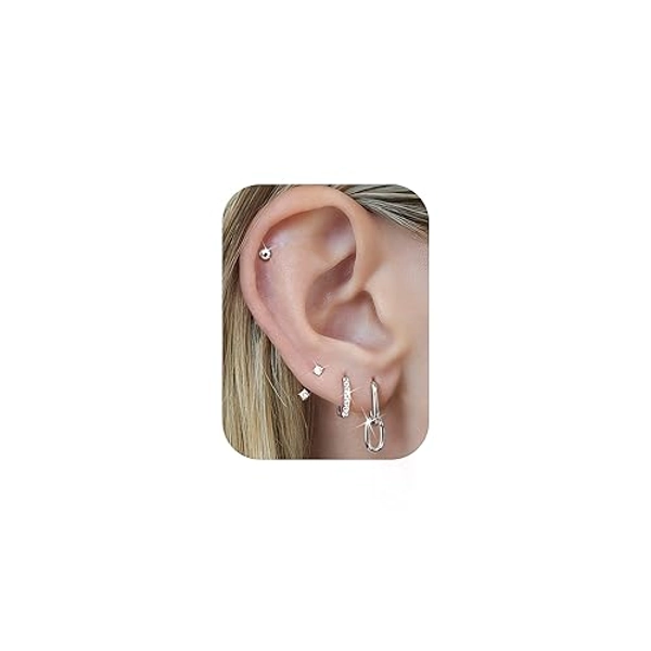 4 Pairs Gold Earrings Set for Women Hypoallergenic Stainless Surgical Steel Flat Back Stud Hoop Stacks for Multiple Piercing Dangle Huggie Tragus Helix Cartilage Piercing Jewelry Jacket Pack Silver