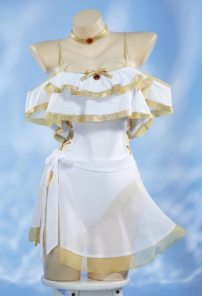 Frieren Derivative One Piece Swimsuit Cross Straps Hollow Ruffle Bathing Suit with Chiffon Wrap Skirt