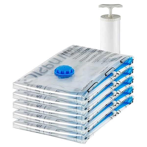 Amazon Basics Vacuum Compression Zipper Storage Bags with Airtight Valve and Hand Pump, Large, 5-Pack, Clear