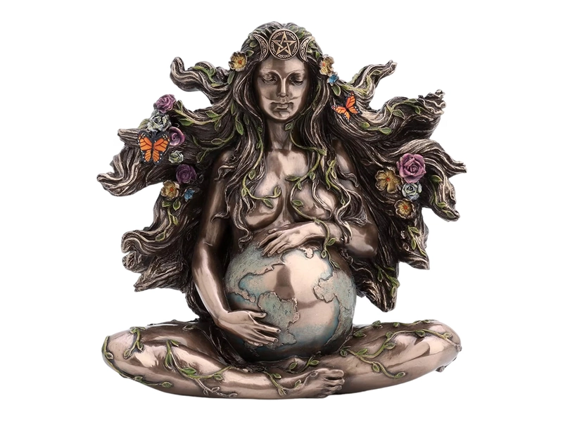 Sitting Pregnant Mother Gaia with Butterflies Cold Cast Bronze & Resin Statue Sculpture Small