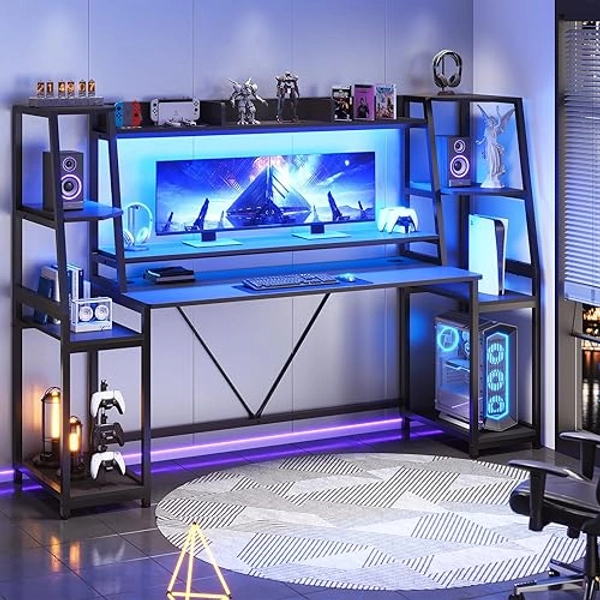 SEDETA Gaming Desk 78.8'' with LED Lights, Hutch and Storage Shelves, Computer Desk with Monitor Stand, Large PC Gamer Desk Workstation, Ergonomic Gaming Table for Bedroom, Living Room, Black