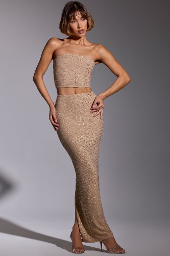 Embellished Crop Top and Maxi Skirt Co-ord in Gold | 10