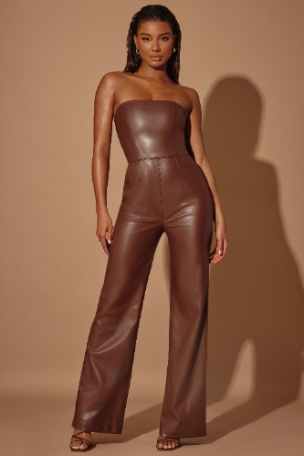 Petite Strapless Wide Leg Vegan Leather Jumpsuit in Brown | 10