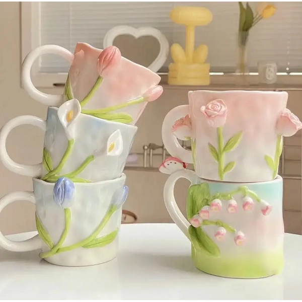 Hand Painted 3D Ceramic Floral Mug for an Elegant Morning Routine