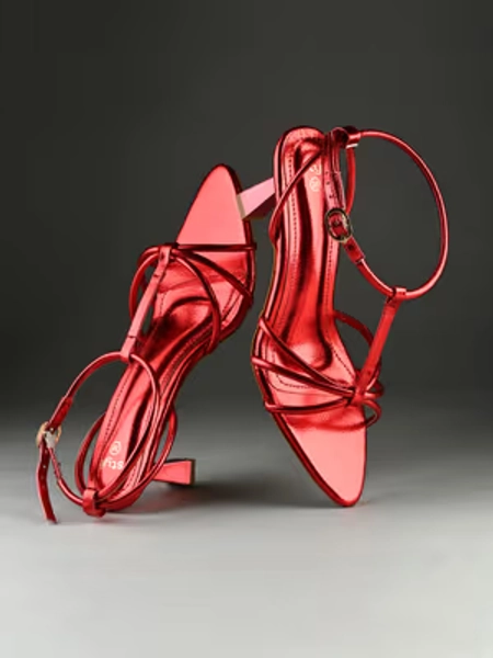 Styli Women Metallic Red Knotted Strap Ankle Lock High Heels Stilettos